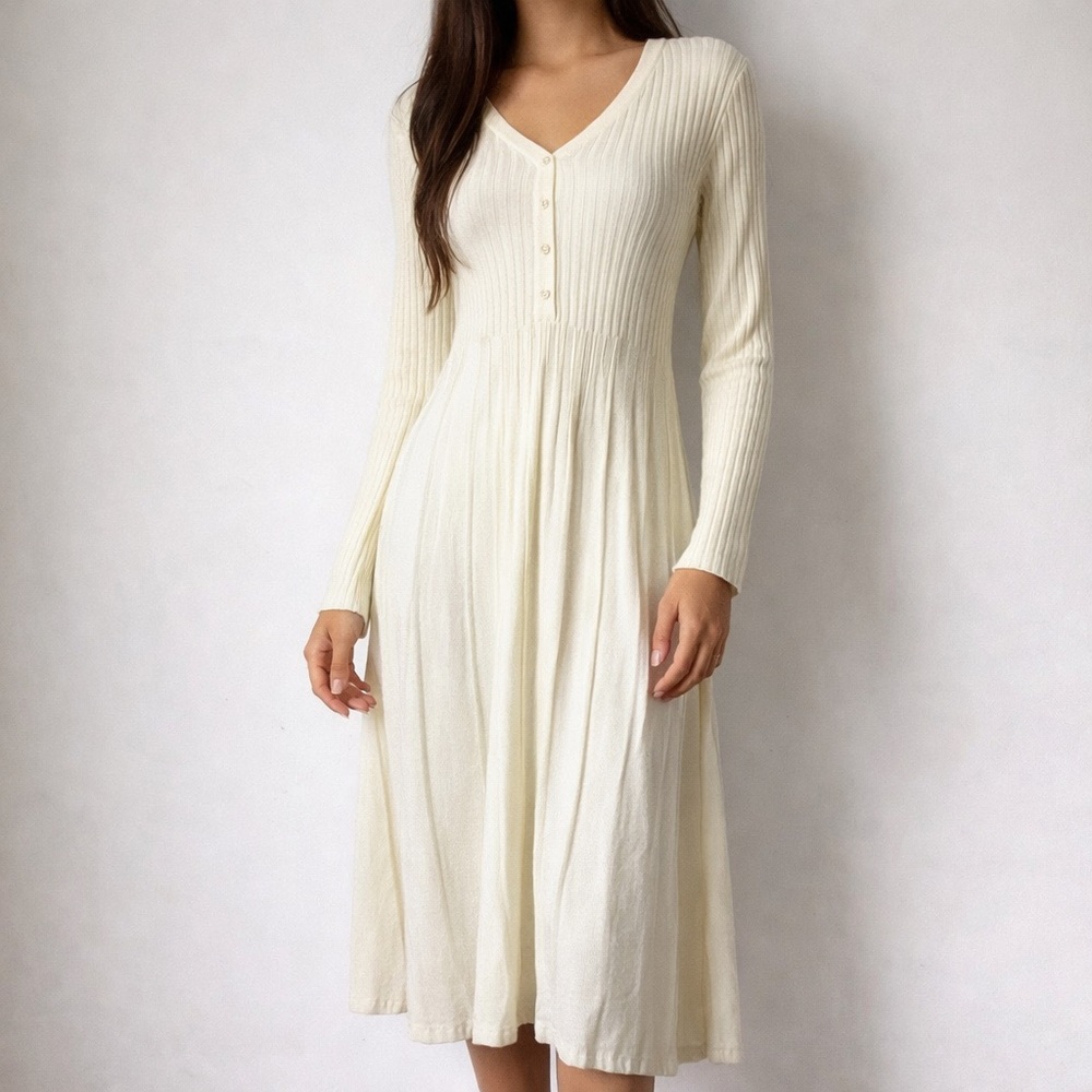 Nasty Gal Cream Ribbed V-Neck Midi Dress - Picture 15 of 15